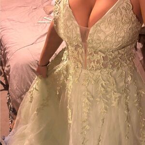 Embroidered V-Neck Sparkly Prom Dress - in Sage Green